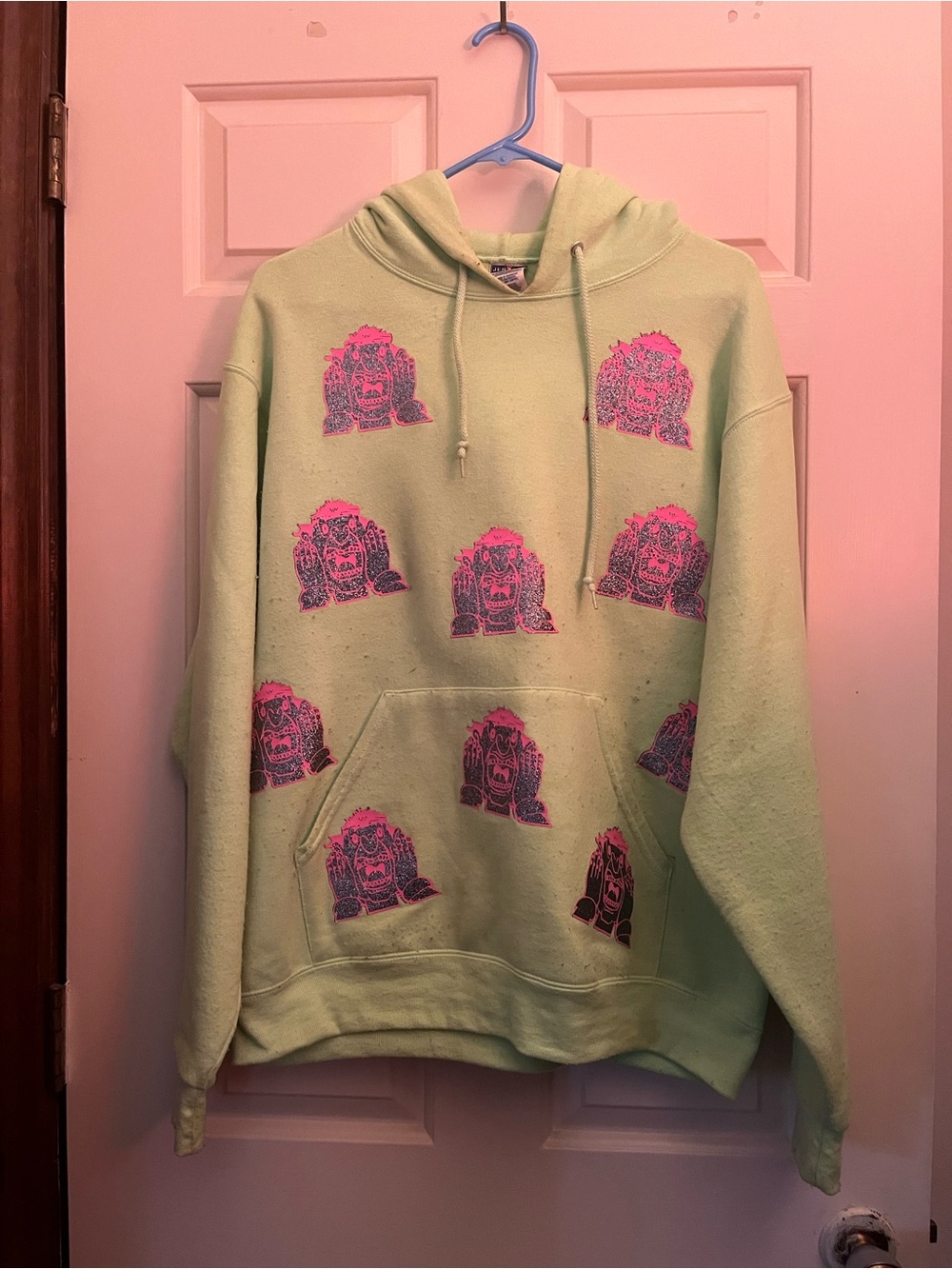 Jerzees Neon Green Hooded Sweatshirt with Pink Logo Accent